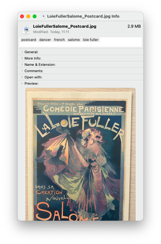 "Get info" screen on mac. Image is a postcard of Loie Fuller's Salome dance. Keywords entered are: postcard, dancer, french, salome, loie fuller. 