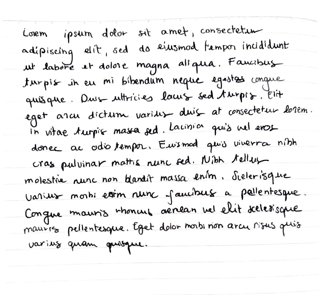 Scan of a handwritten document of a paragraph of the Lorem Ipsum placeholder text.